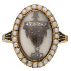 Antique Enamel pearl diamond Gold memorial ring 4