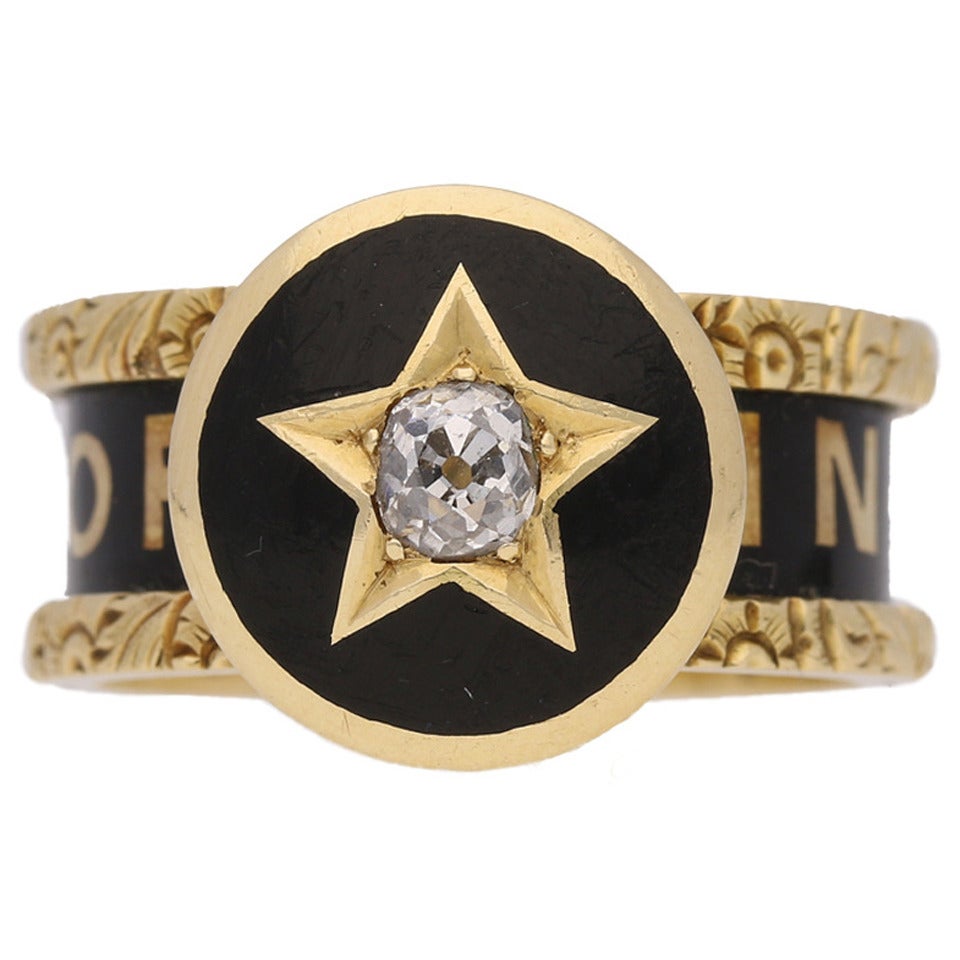 Victorian Enamel Diamond Gold Family Memorial Ring