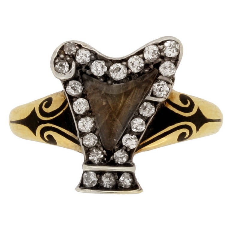 Museum Quality Antique Antique Enamel Diamond Set Harp Memorial Ring circa 1895 For Sale