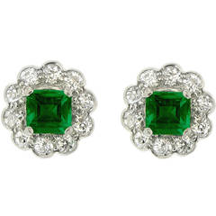 Natural Unenhanced Emerald Diamond Cluster Earrings circa 1920 2