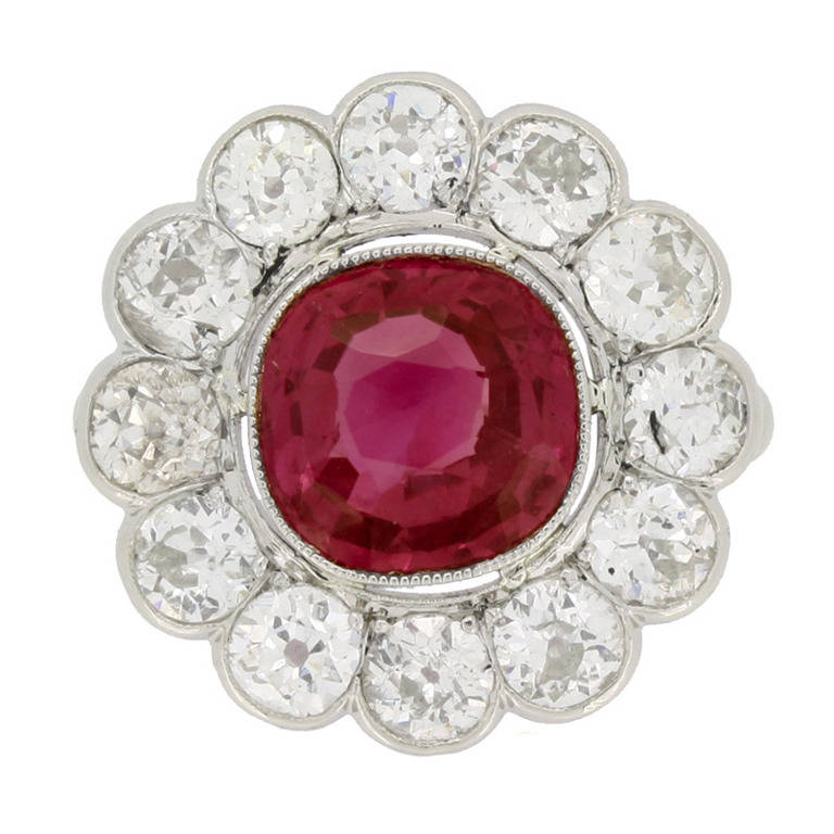 Natural unenhanced Burmese Ruby Diamond Platinum Cluster Ring For Sale