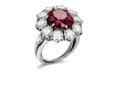 Natural No Heat Siam Ruby and Diamond Cluster Ring, mid 20th Century.