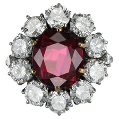 Natural No Heat Siam Ruby and Diamond Cluster Ring, mid 20th Century.