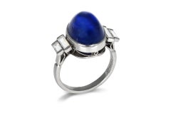 Art Deco natural Ceylon cabochon sapphire and diamond ring.