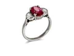 Ruby and diamond three stone ring, circa 1990