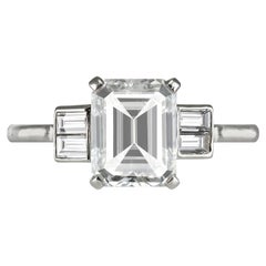 Art Deco Emerald-Cut 2.09 Carat Diamond Baguette Flanked Solitaire Ring