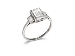 Art Deco Emerald-Cut 2.09 Carat Diamond Baguette Flanked Solitaire Ring