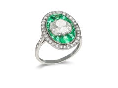 Antique Old Mine Cut Diamond and Emerald Ring, circa 1920