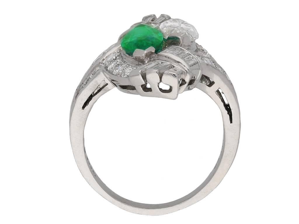 Marquise Cut J. E. Caldwell emerald and diamond cocktail ring, American, circa 1940. For Sale