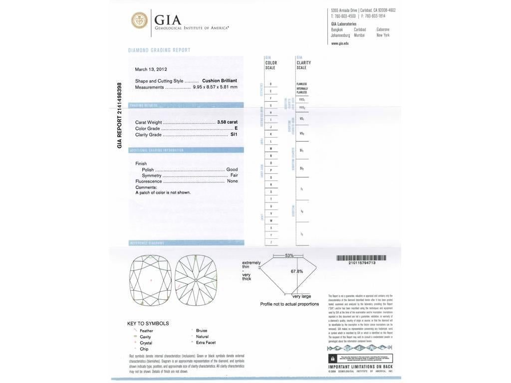 Edwardian GIA Report 3.58 Carat Golconda Cushion Shaped Old Mine Diamond Ring