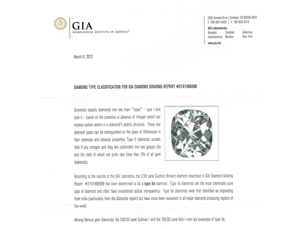 Old Mine Cut GIA Report 3.58 Carat Golconda Cushion Shaped Old Mine Diamond Ring