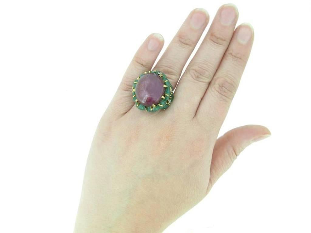 Marchak Natural Unenhanced Star Ruby Carved Emerald and Diamond Ring For Sale 1