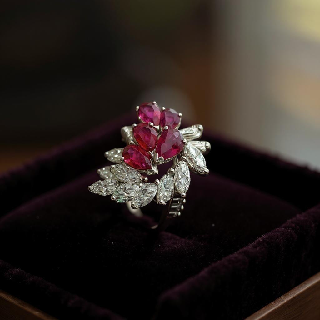 Vintage 1970s Rubin & Diamant Cluster 18kt Gold Ring im Angebot 1
