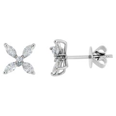 Elegant 18k White Gold Floral Cluster Diamond Stud Earrings, 0.64ctw Mq & Rd