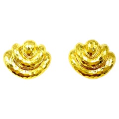 Large Henry Dunay 18 Karat Yellow Hammered Gold Stylized Lotus Earrings