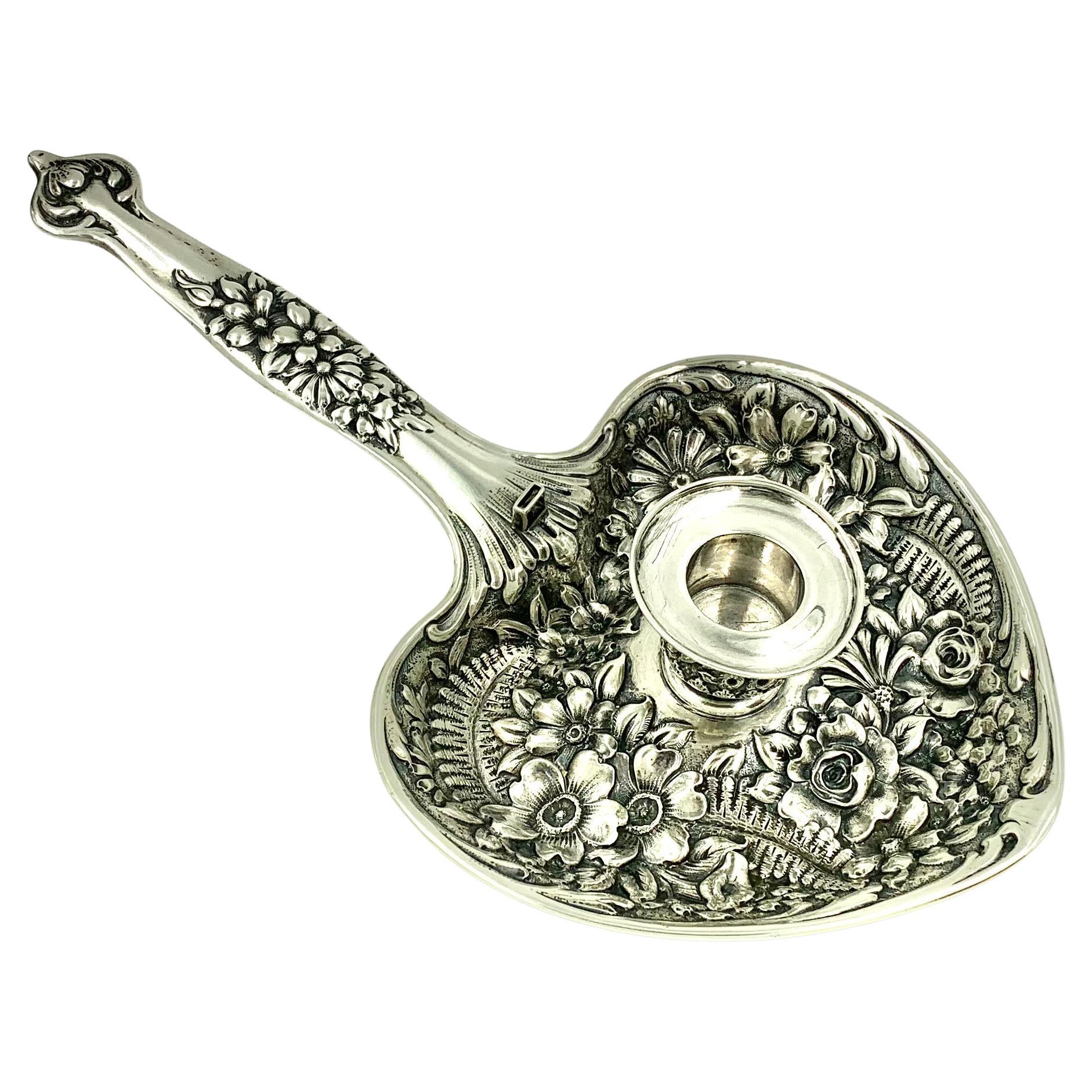 French All Sterling Silver Candle Holder Rococo For Sale at
