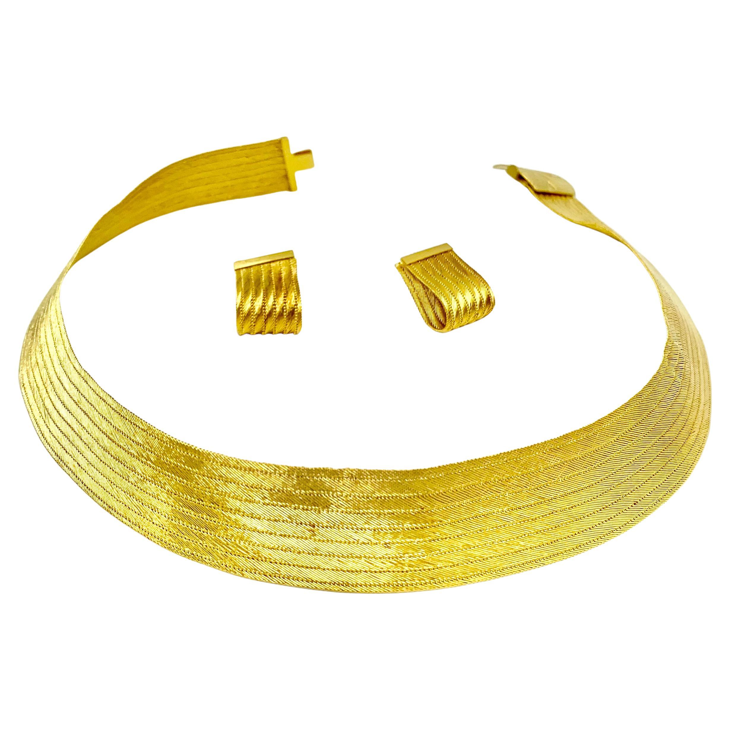 Klassische griechische 22K gewebte Gold Halskette und Ohrringe, Tages- bis Nacht-Suite im Angebot