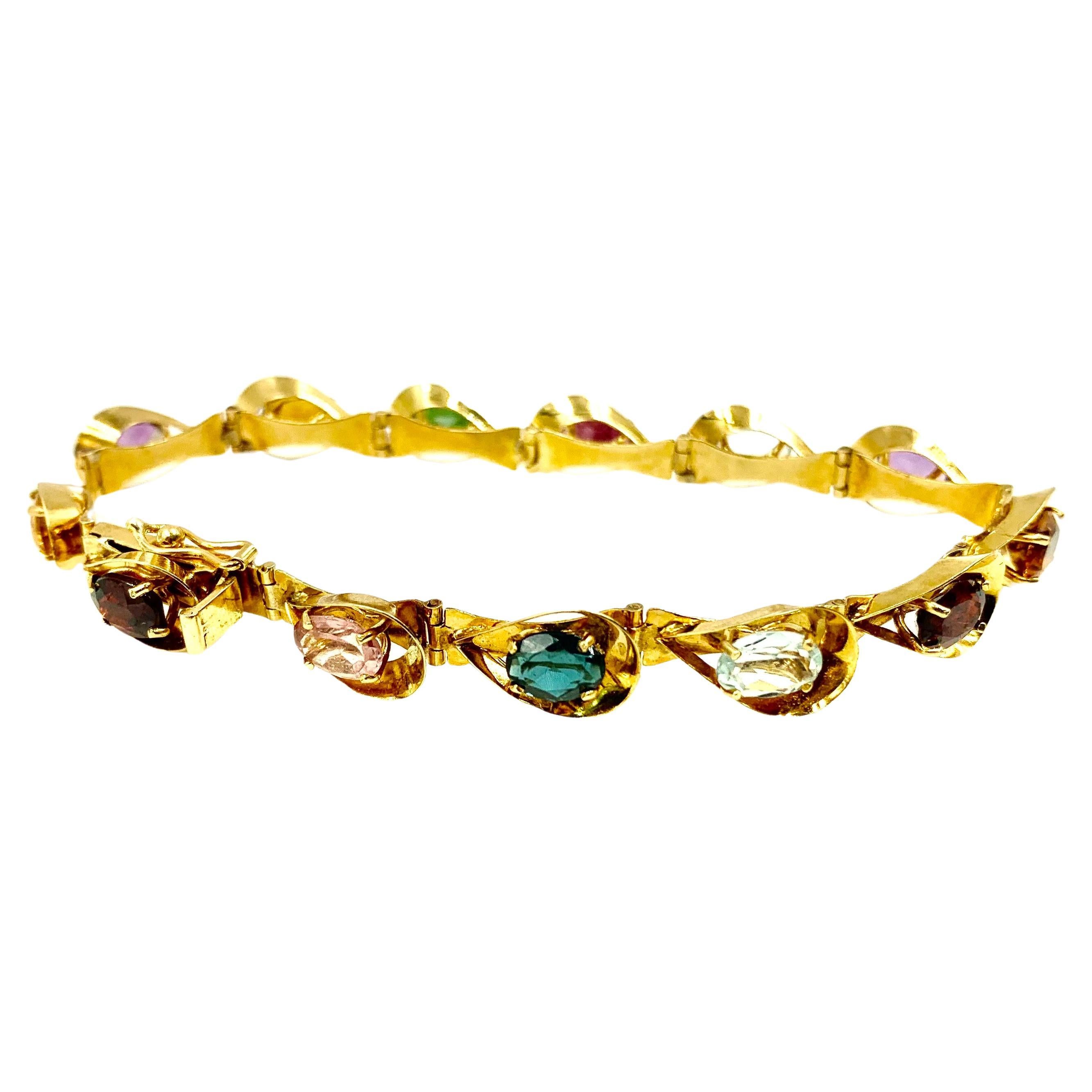 Estate European 18K Yellow Gold Multi-Colored Rainbow Gemstone Link Bracelet For Sale