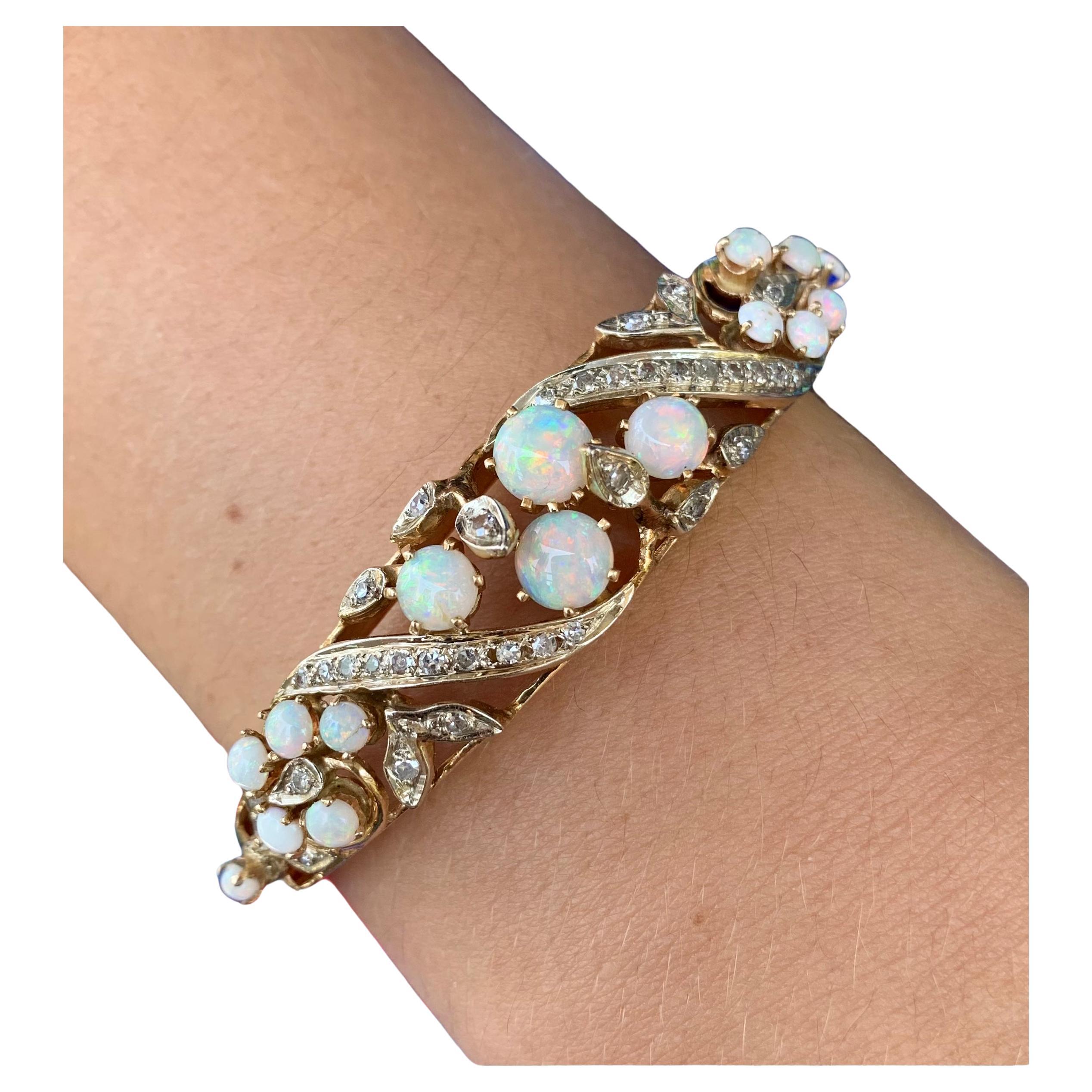 Fine Antique Edwardian Diamond Opal 14K Gold Reticulated Bangle Bracelet
