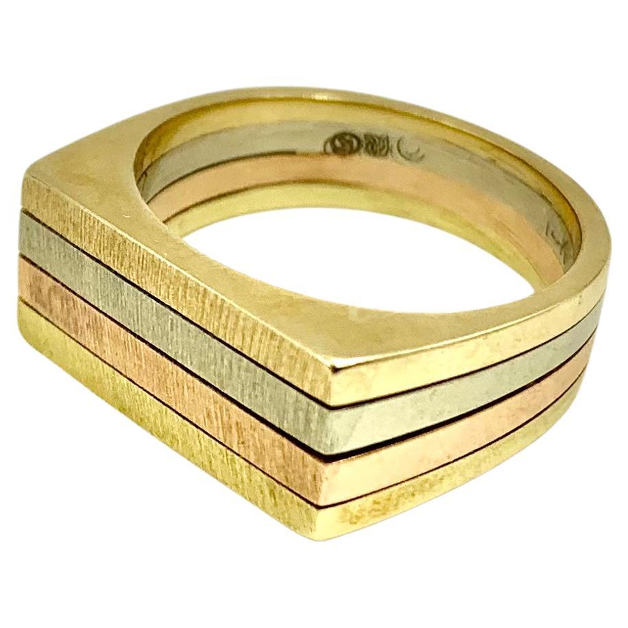 Estate Tri-Color Rose, White and Yellow 14K Gold Tiered Signet Ring For Sale