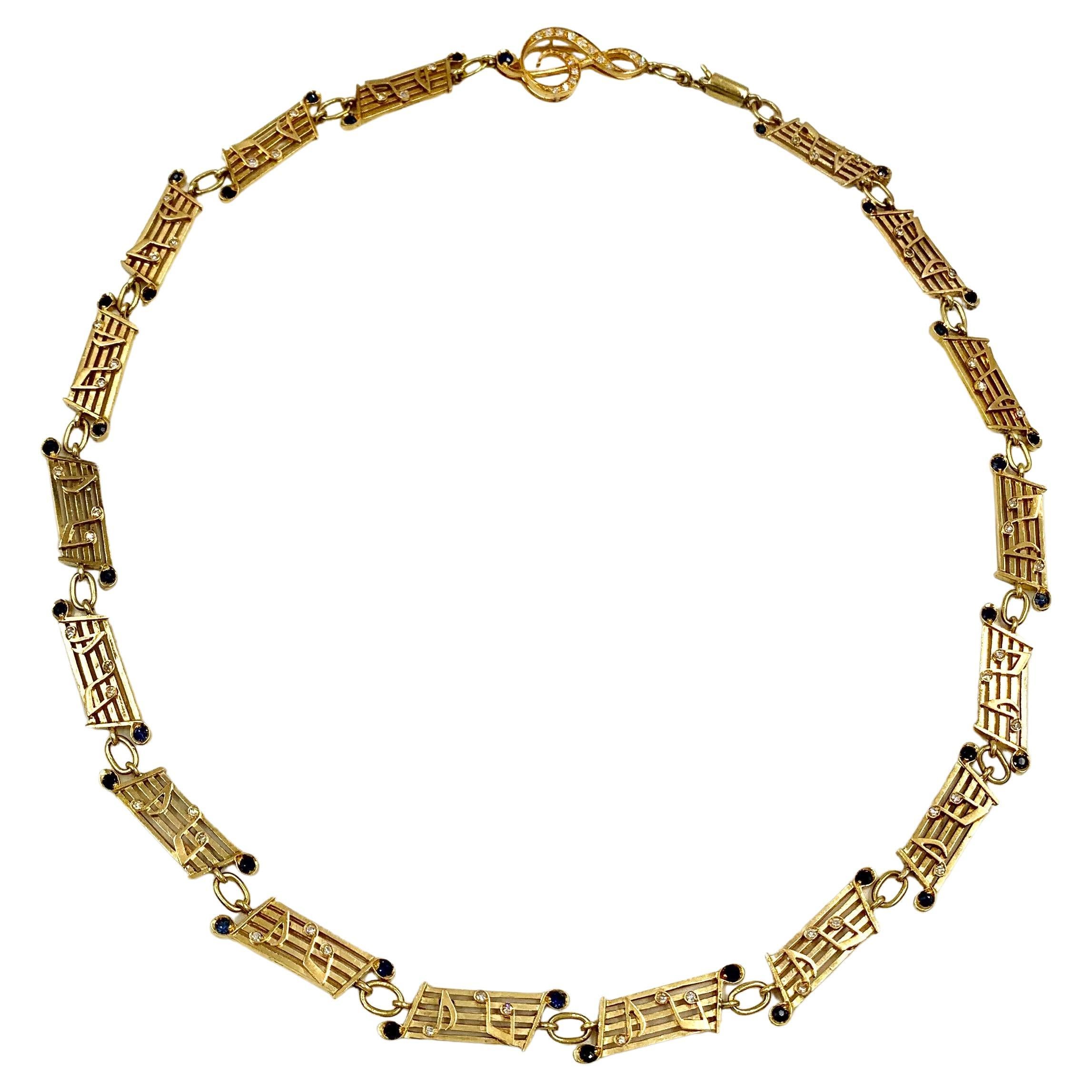 Musical Symbols Substantial 18K Yellow Gold Diamond Sapphire Statement Necklace For Sale