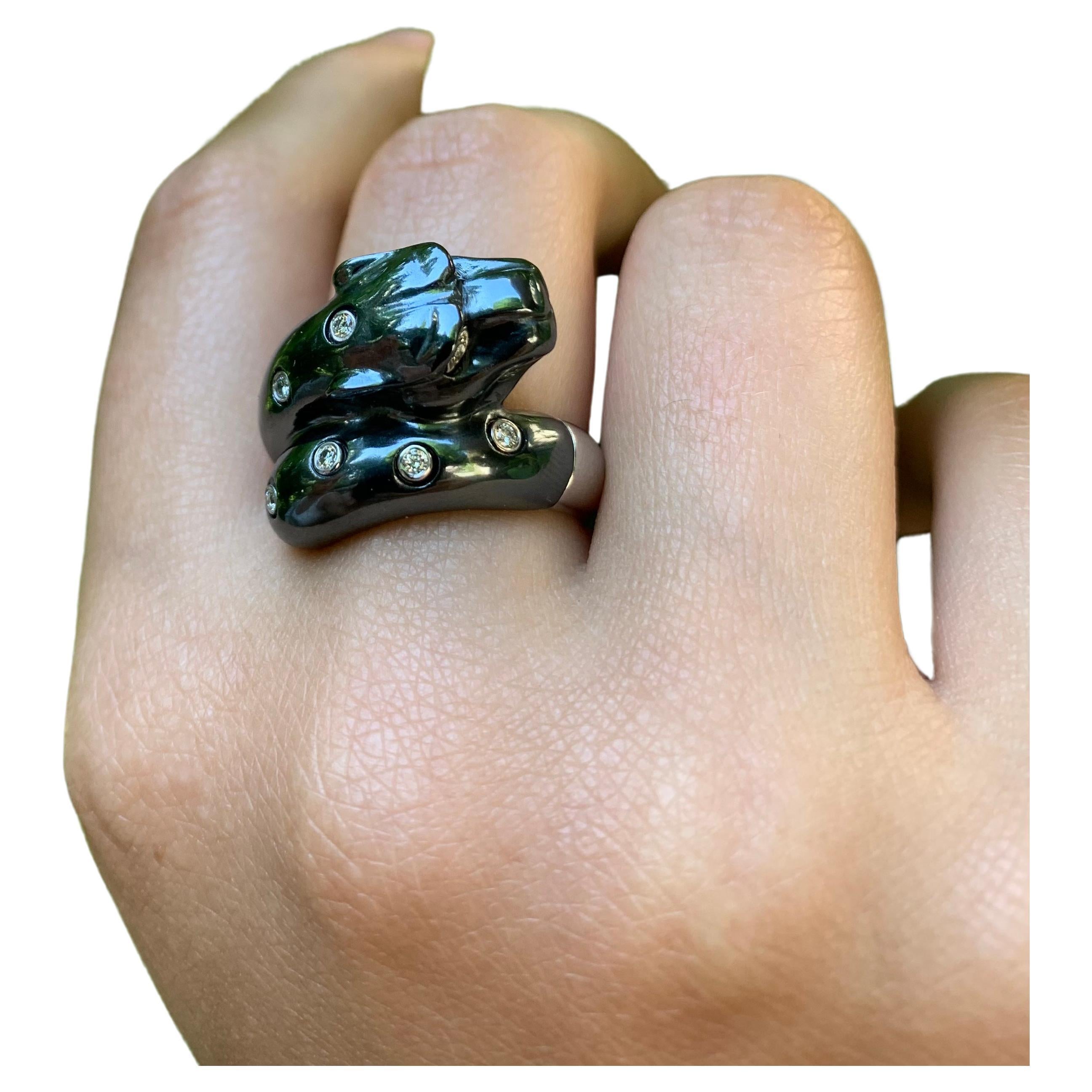 Estate Diamond 18K White Gold and Blackened Gold Panther Ring For Sale