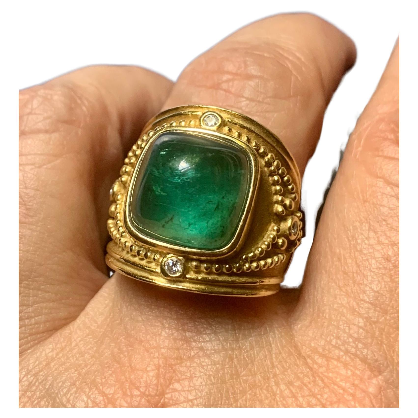 Byzantine Style Emerald Green Cabochon Tourmaline, Diamond 18K Yellow Gold Ring For Sale