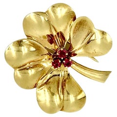 Retro Estate Cartier Ruby 14K Yellow Gold Four Leaf Clover Clip Pendant Brooch