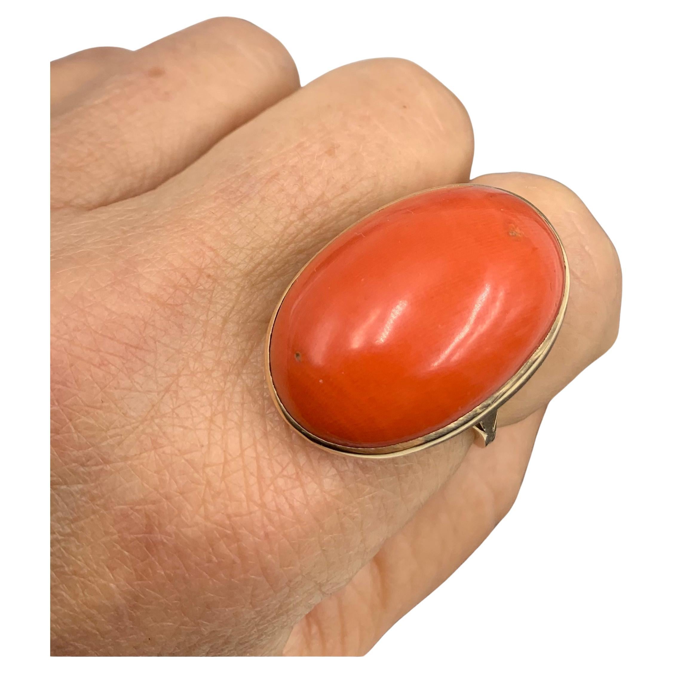 Massive 43.5 TCW Oval Natural Red Coral Antique 14k Yellow Gold Ring For Sale
