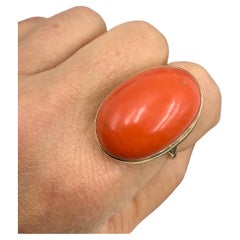 Massive 43.5 TCW Oval Natural Red Coral Antique 14k Yellow Gold Ring