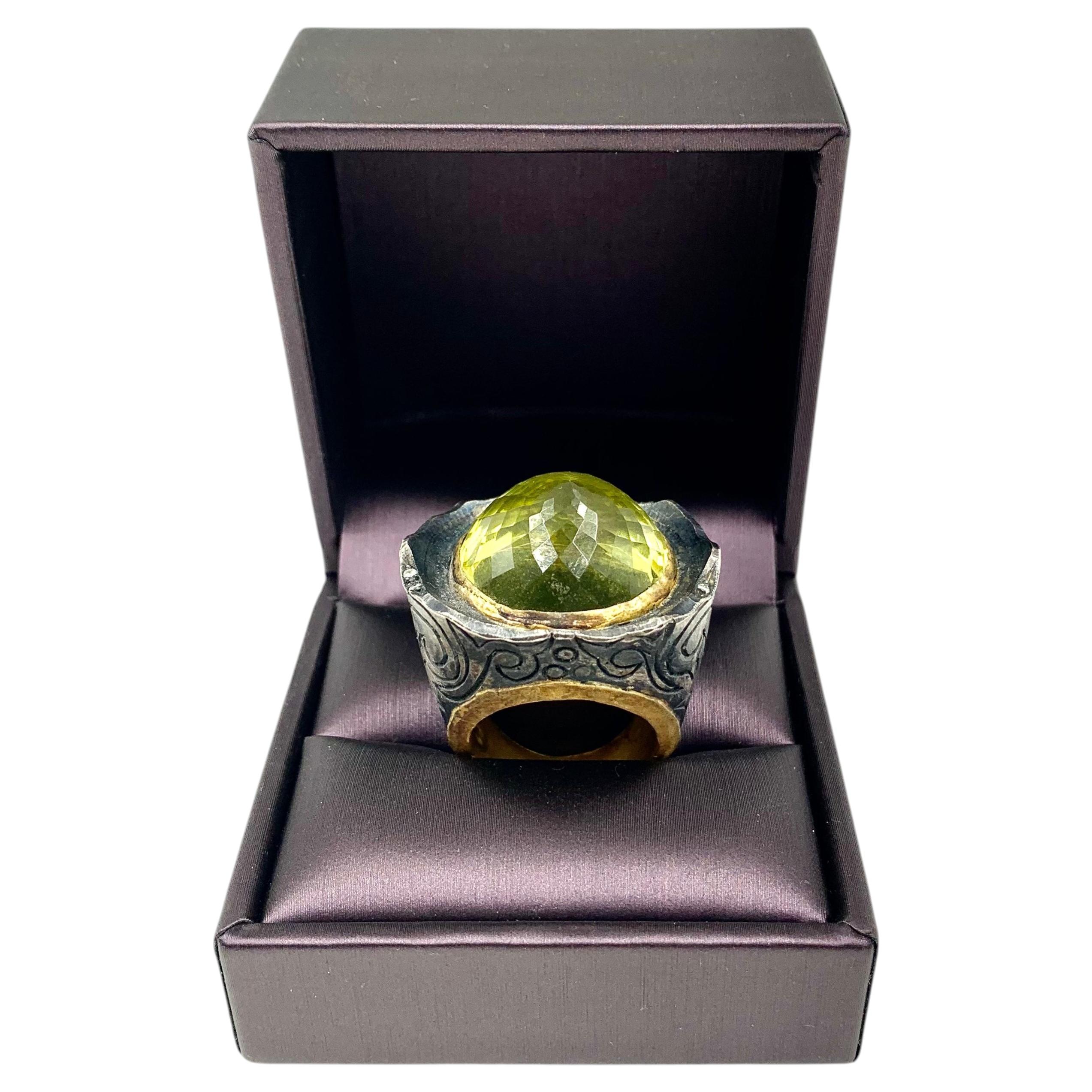 Meltem Kurtulan 42.25 TCW Lemon Quartz Diamond 24K Gold Silver Statement Ring For Sale