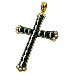 Fine Large Antique Victorian 15K Rose Gold Banded Agate Natural Pearl Cross