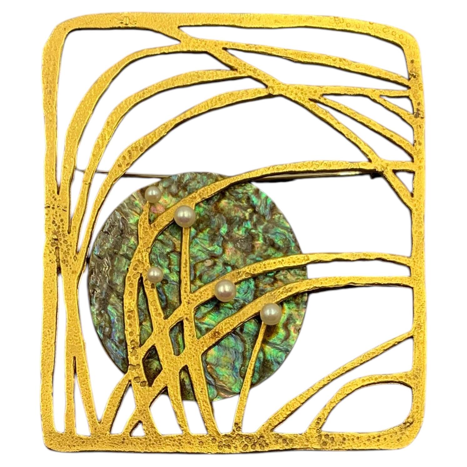 Dramatic Gubelin 1960's Gilbert Albert 18K Yellow Gold Abalone, Pearl Brooch