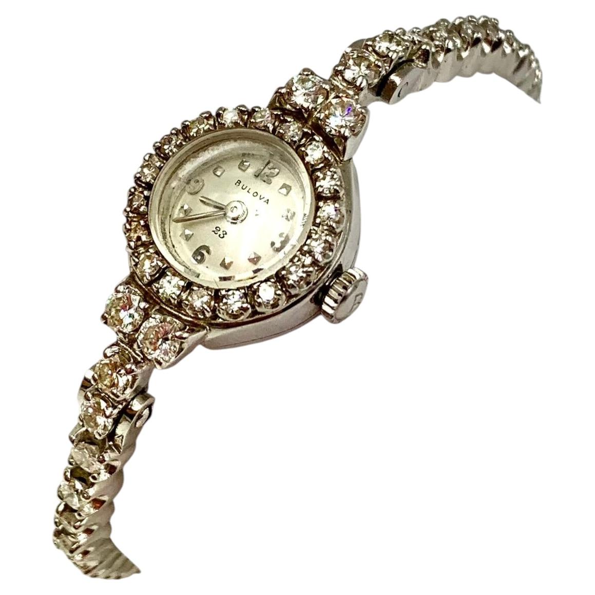 Orologio da polso Bulova in oro bianco 14 carati con diamanti da 2,70 carati totali, in stile Art Déco