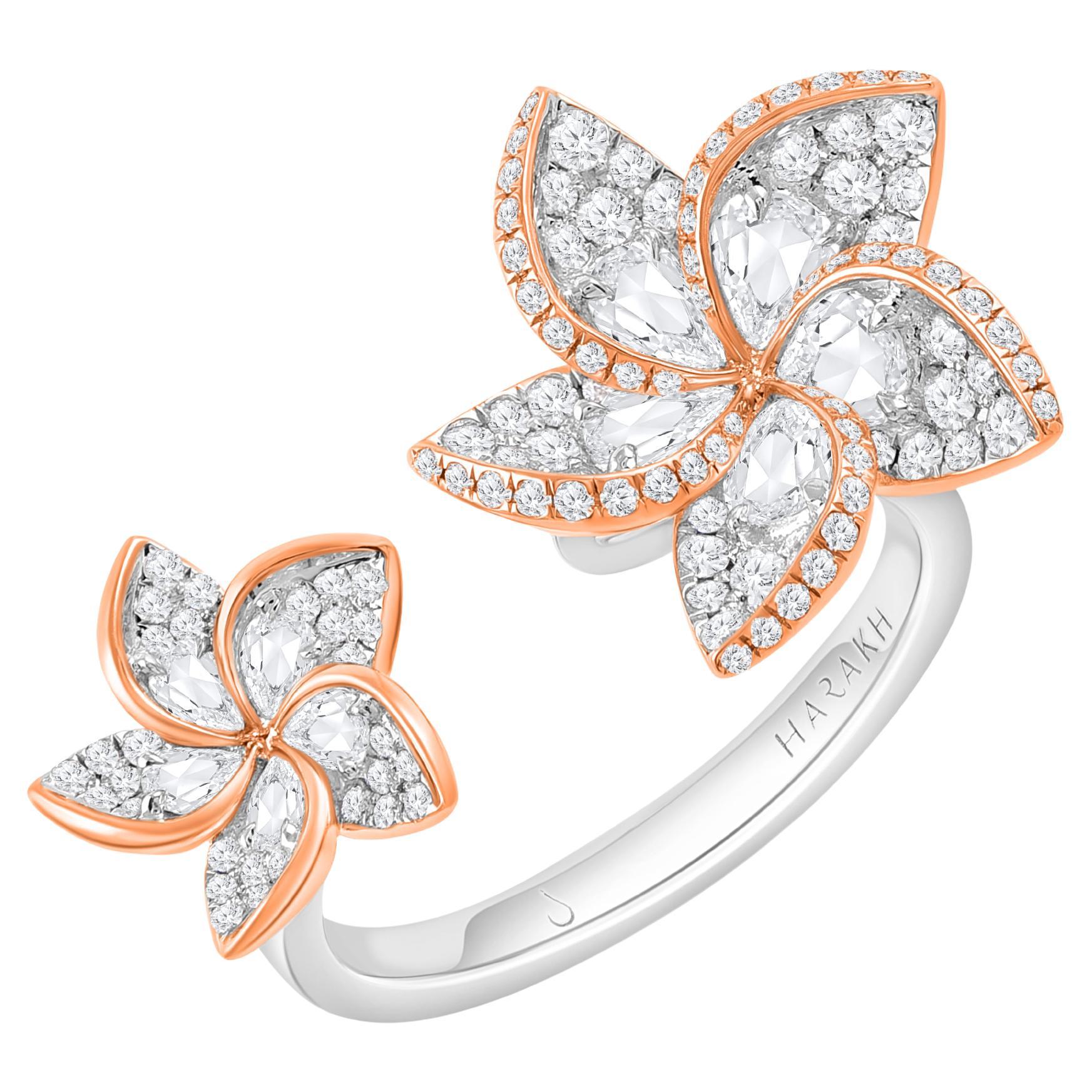 Harakh 1 Carat Colorless Diamond 18 Karat Gold Frangipani Floral Engagement Ring For Sale