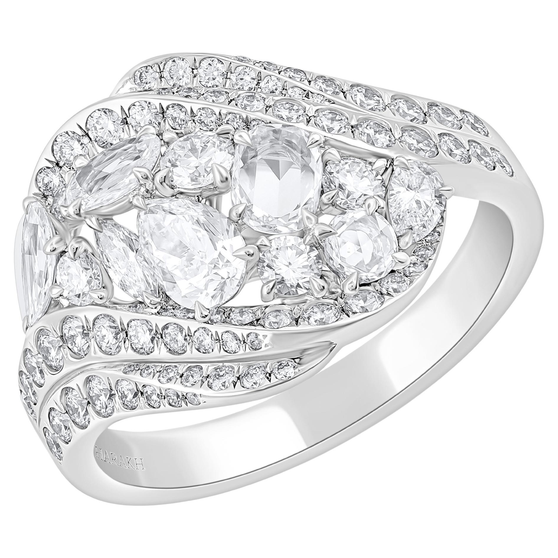 HARAKH 1 5/8 CT farbloser Diamant Cascade Cluster Bypass 18KT Weißgold Ring