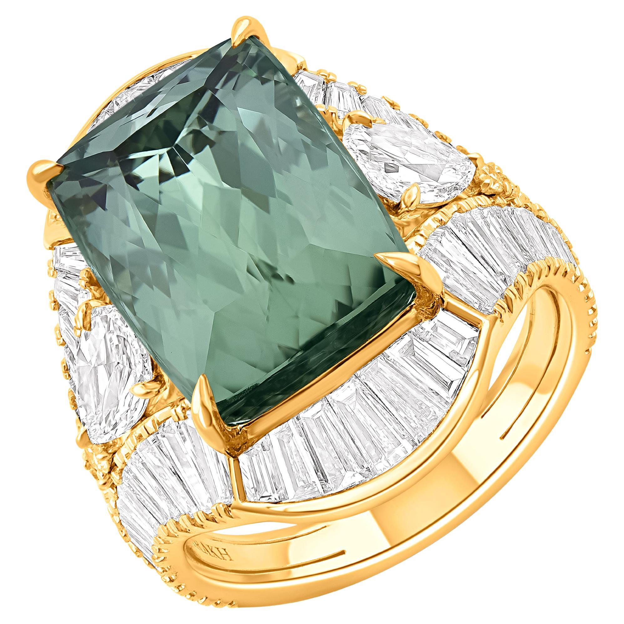 HARAKH 3 7/8 CT Diamond & Green Tourmaline Sunlight Botanic Glow Statement Ring