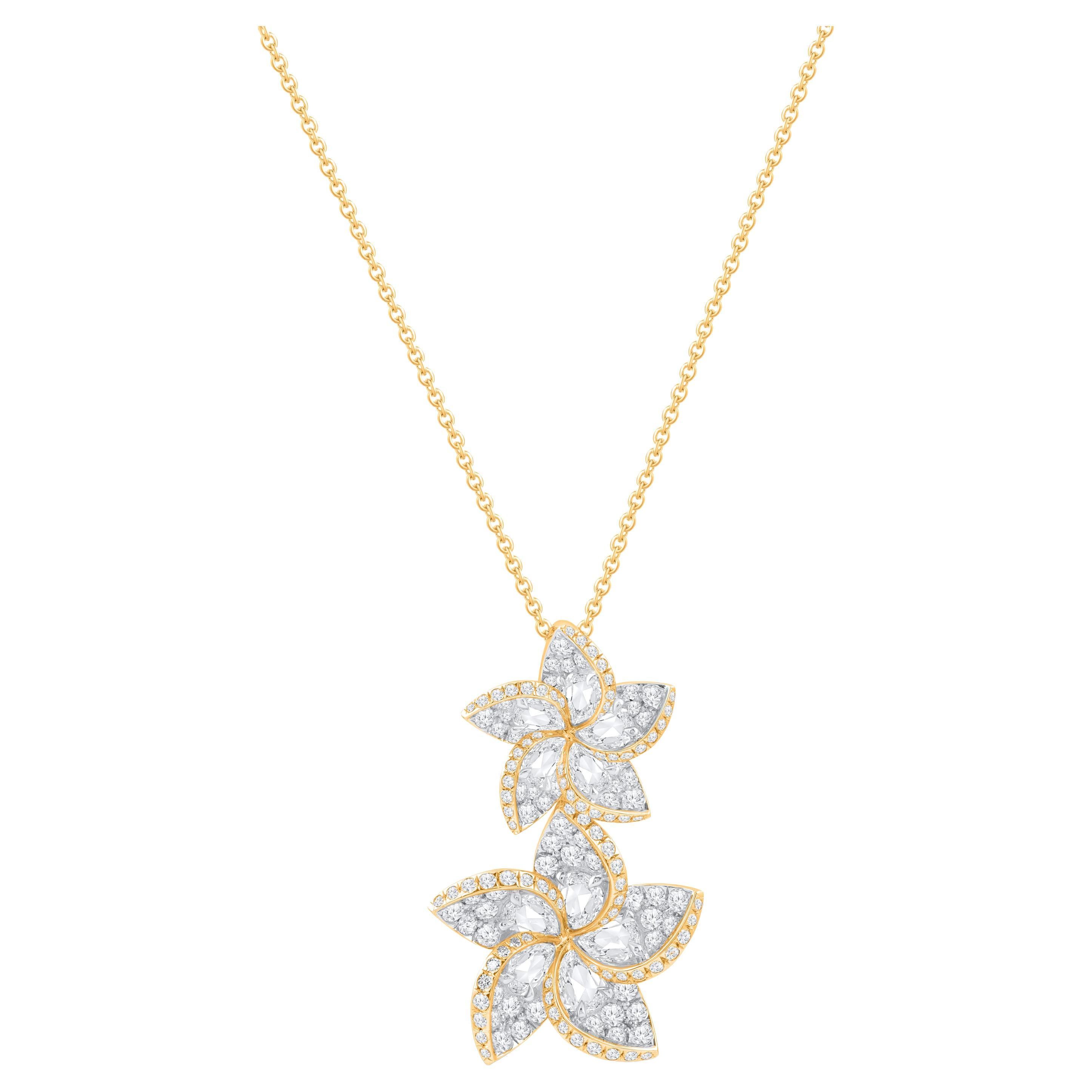 HARAKH 1 1/2 CT Colorless Diamond Frangipani Floral Pendant Necklace 18KT Gold