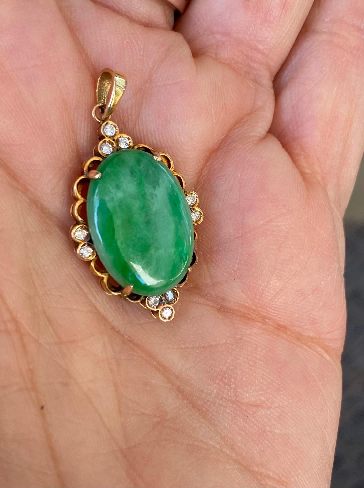 Oval Cut Jadeite Jade and Diamond 18 Karat Diamond Pendant 18 Karat Gold Necklace