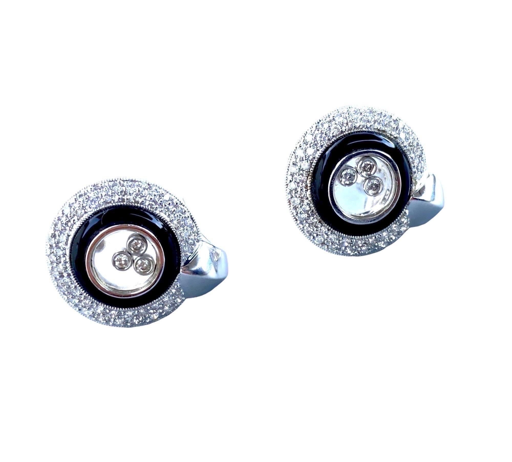 .81 Carat Floating Diamond and Black Onyx Earrings 14 Karat White Gold For Sale