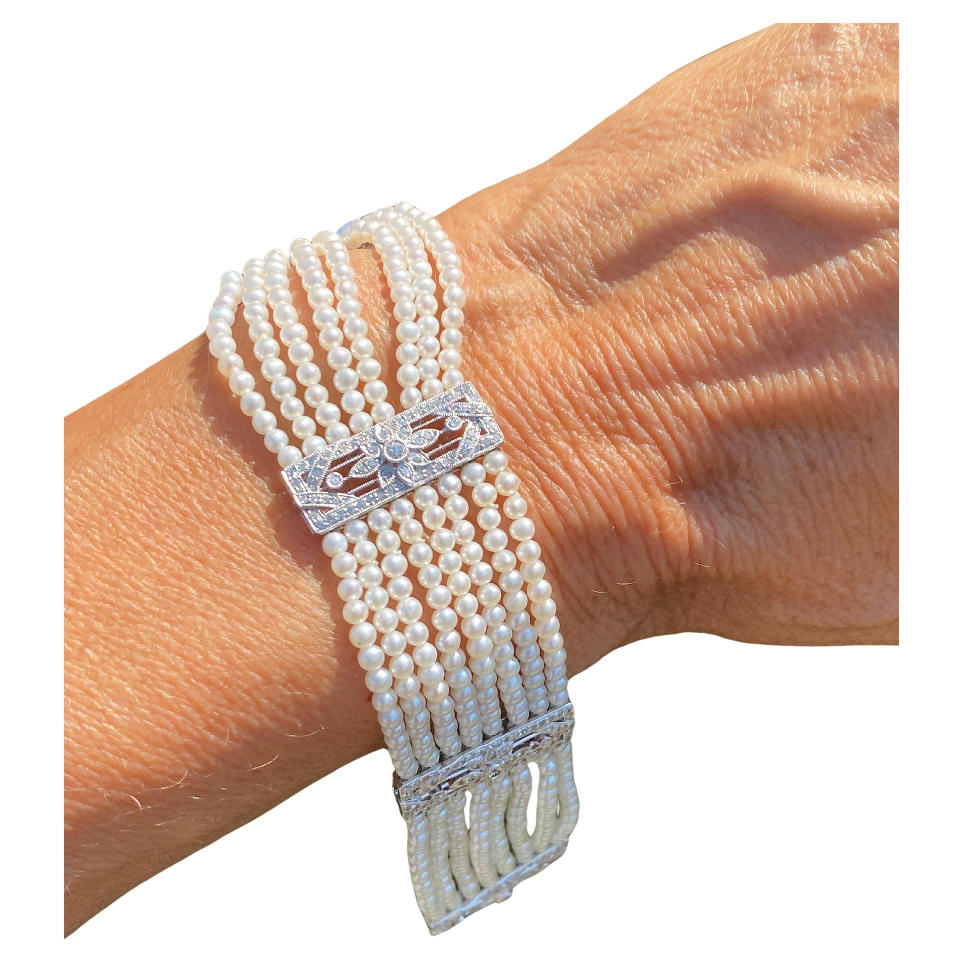 8 Strand Pearl and Diamond Bracelet Platinum AAA Quality VS F-G Color
