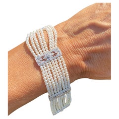 8 Strand Pearl and Diamond Bracelet Platinum AAA Quality VS F-G Color