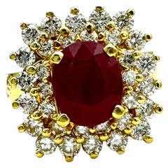 18 Karat Yellow Gold 2.10ct Burma Ruby and Diamond Halo Cluster Ring