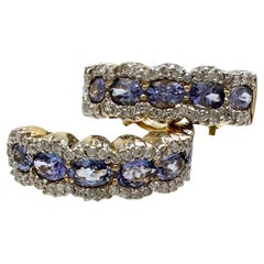 14kt Tanzanite and Diamond Halo Hoop Earrings 1.89 Carat