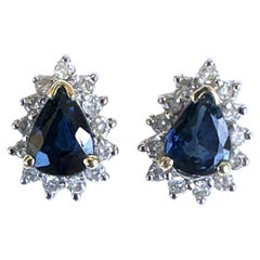 14 Karat .85 Carat Sapphire Pear-Shaped Halo Diamond Stud, Earrings