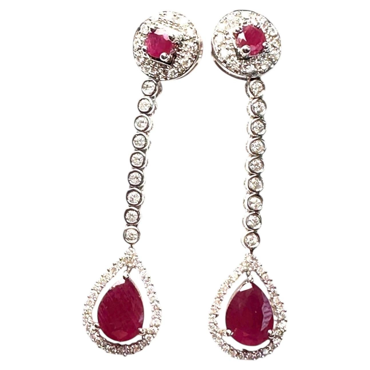 Elegant 14K Gold Ruby & Diamond Linear Drop Earrings