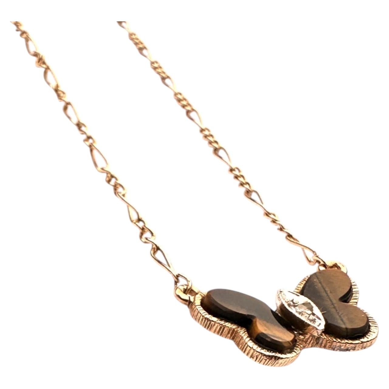 Mid-Century Inspired Yellow Gold, Tiger's Eye Butterfly Pendant Necklace