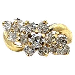 Anello da cocktail vintage in oro giallo 14 carati con diamanti taglio brillante rotondo da 0,80 carati disposti a grappolo