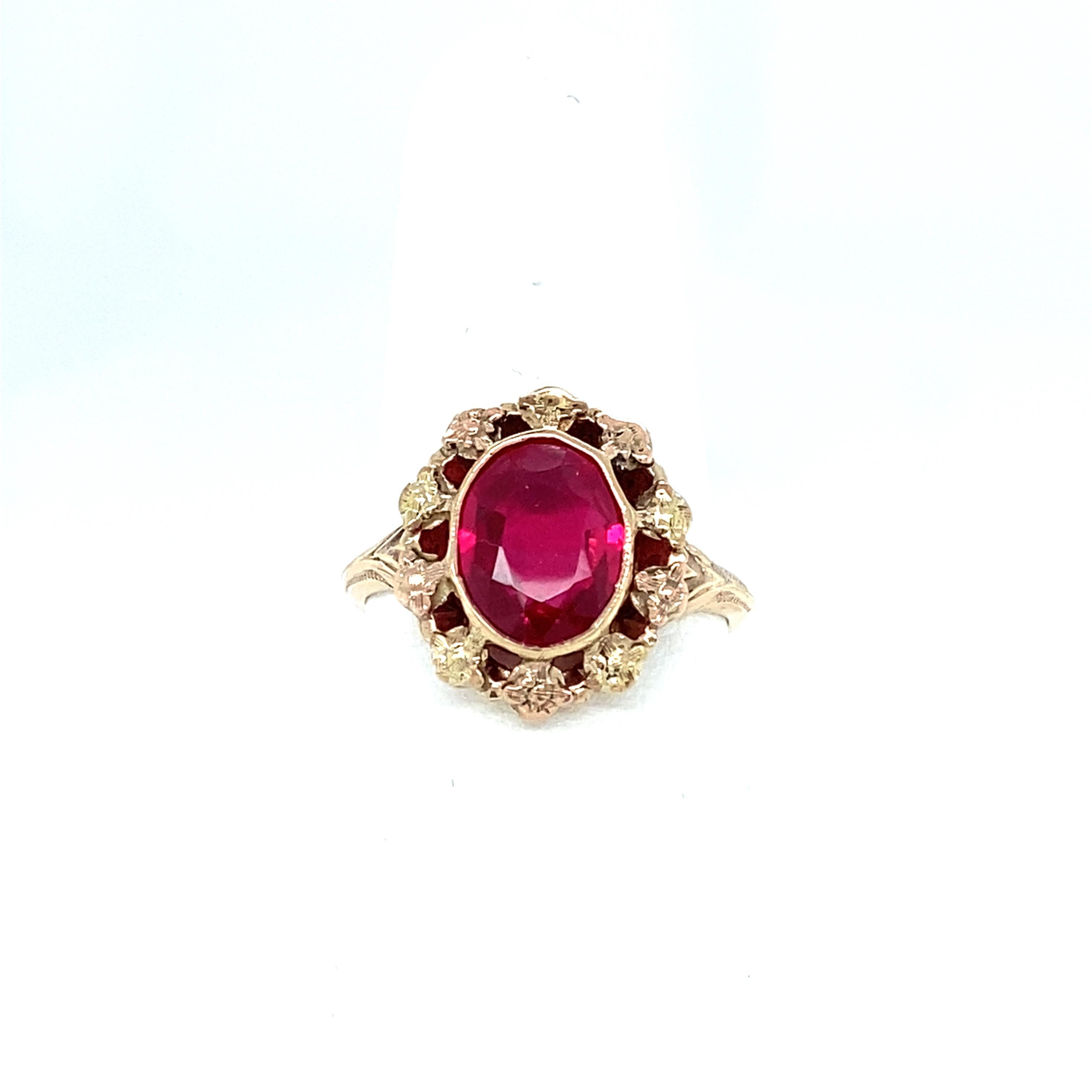 Vintage 1930s Synthetischer Rubin 10 Karat Gelb & Rose Gold Ring (Ovalschliff) im Angebot
