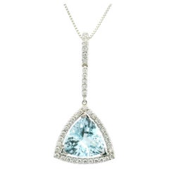 2.43 Trillion Cut Aqua & Diamond 18k White Gold Contemporary Pendant